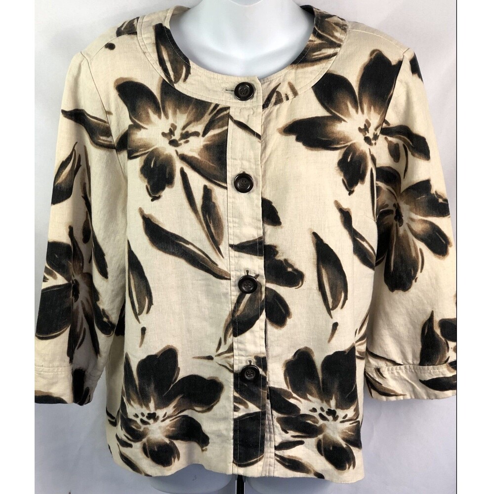 JM collection linen top shacket 16 tan/brown floral scoop cottage boho fairy